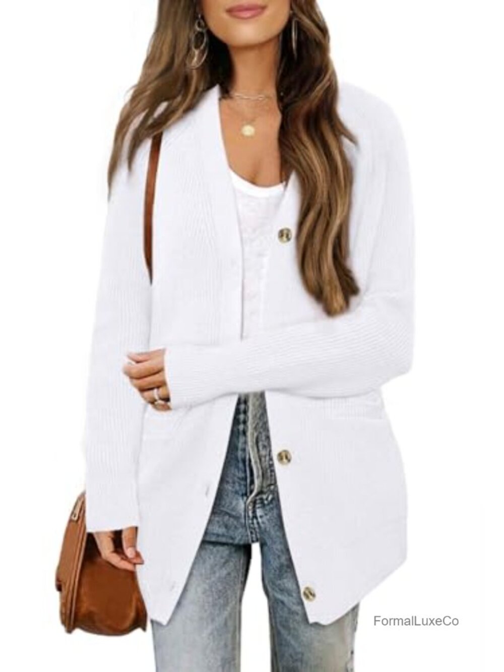Long Cardigan Sweater Open Front Button Up Pockets Knit V-Neck
